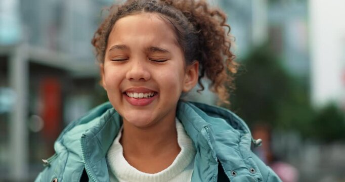 Outside, girl student and face in school for education, learning and ready for knowledge development. Campus, female child and portrait with backpack for class, growth or academic in elementary phase