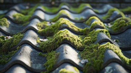 A close-up view of weathered, wavy roof tiles covered in green moss, highlighted by natural sunlight. It showcases the beauty of nature reclaiming human-made structures over time.