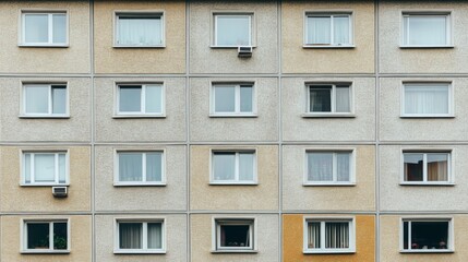 Fototapeta premium The image showcases the front facade of a multi-unit residential building with numerous identical windows, highlighting urban living in a minimalist, geometric architectural style.