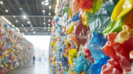 Obraz premium A vibrant close-up of multicolored plastic bags densely packed in an abstract installation at a contemporary art gallery. The blurred background showcases the spacious gallery, adding depth to the