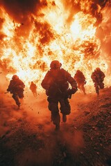 A dramatic scene of soldiers in motion running away from an explosive blast, engulfed in flames, capturing chaos, bravery, and the intensity of a battlefield moment.