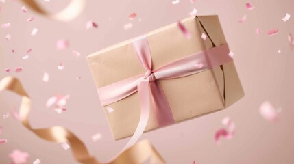 Fototapeta premium Brown Gift Box with Pink Ribbon and Confetti Perfect for Festive Celebrations or Event Promotion 