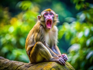 Fototapeta premium Playful monkey yawning in a natural habitat showcasing its adorable and relaxed demeanor during rest
