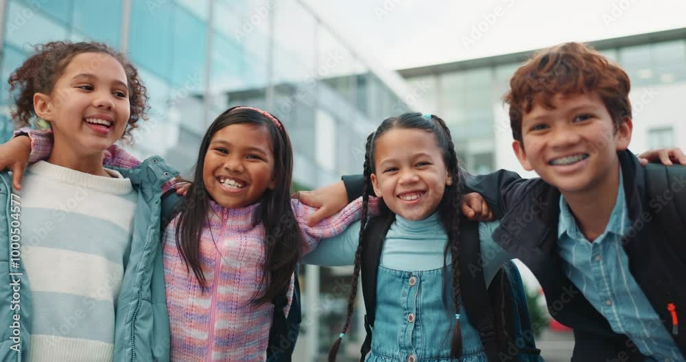 Poster outside, children and face in school for education, learning and ready for knowledge development. ca