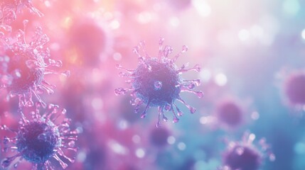 The image displays a highly detailed microscopic view of various virus particles, showcasing their spiky surface structures with a vibrant and colorful background evoking a sense of urgency.