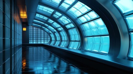 A modern, futuristic hallway featuring curved, blue-tinted glass windows that create a sleek, glowing effect. The tiled floor reflects the light, adding to the high-tech atmosphere.
