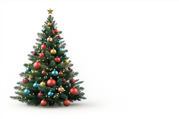 A Christmas tree decorated with colorful ornaments, against a white background, in a vector illustration style with simple lines and a flat design. 3d illustration.