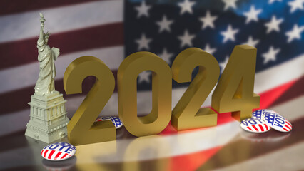 The brooch vote and statue of liberty on USA flag for U.S. presidential election concept 3d rendering.