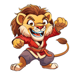 Naklejka premium A cartoon lion in a karate gi, with a red belt, stands in a fighting stance with his fists raised.