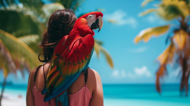 A woman with her back turned stands on a tropical beach, a vibrant red parrot perched on her shoulder. The scene captures the vibrant colors of nature and the serene mood of a tropical getaway.