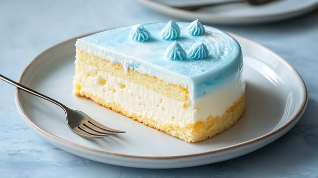 A slice of cake with blue frosting and white filling on a white plate with a fork.