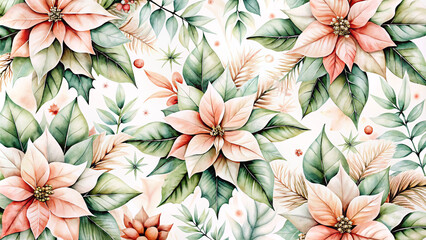 Fototapeta premium Title: Poinsettia flowers and greenery, festive floral Christmas pattern with soft colors