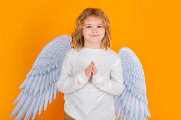 Kid wearing angel costume white dress and feather wings. Innocent child. Little angel on isolated...