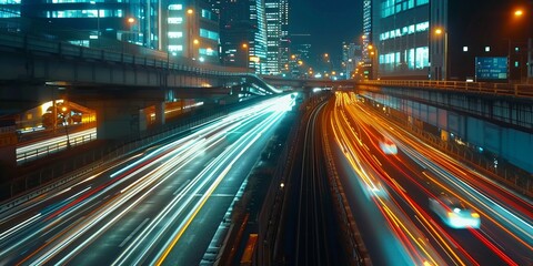 Obraz premium Car lights on the road in a modern city at night