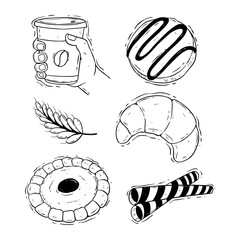 hand drawing tasty cake, cookie and coffee