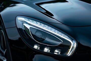 Close up of modern car headlight with bokeh background