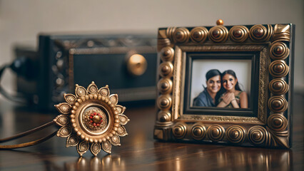 Obraz premium 3D Tika and Rakhi Frame Design - Festive Modern A-Frame with Copy Space, Glowing Elements, Intricate Details, Isolated on White Background