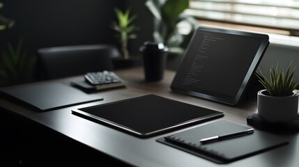 Tablet with keyboard and stylus pen on dark workspace. 