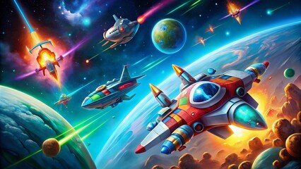 Retro 2D Spaceship Game Concept Art with Colorful Graphics and Engaging Space Adventure Elements