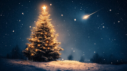 Beautifully illuminated Christmas tree, glowing with festive decorations, stands in snowy outdoors on a winter night, creating merry holiday atmosphere perfect for capturing the spirit of season.