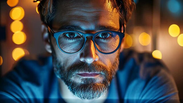 Intense portrait of businessman with glasses illuminated by blue tech light, Visionary technology leadership, Closeup of man's face with eyeglasses