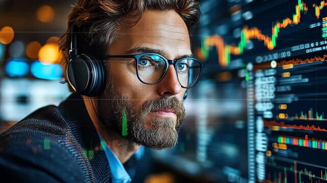 Focused day trader analyzing financial data on illuminated screens, After hours stock market analysis or cryptocurrency trading