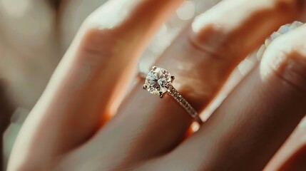 Obraz premium Close-up of a diamond engagement ring on a woman's finger.