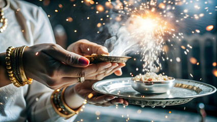 3D Zoom-in on Bhai Dooj Tika Application: Macro Shot of Hand Applying Tika with Glowing Particles � Merging Tradition and Futuristic Aesthetics, Extreme Close-Up of Tika and Hand