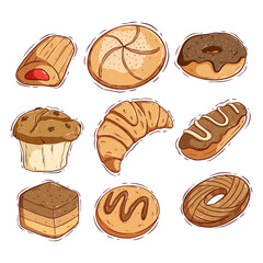 set of cookies or bakery product with cute doodle style