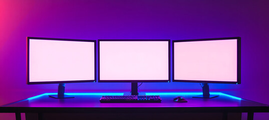 Triple Monitor Setup with Neon Lighting for Gaming or Workstation