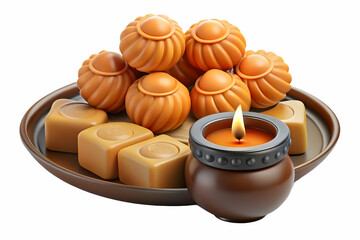 Bhai Dooj Sweets and Diya Isolated Concept: Modern Vector Artwork Featuring Glossy Festive Sweets Next to Diya on White Background