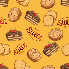 cute doodle bakery or snack food in seamless pattern 