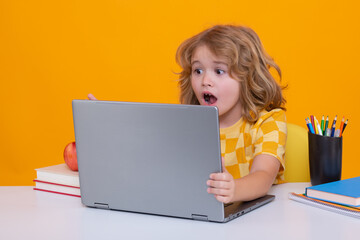 Excited school child using laptop computer. School child studying in classroom at elementary...