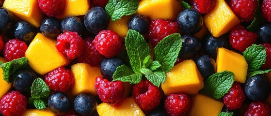 Obraz premium Fresh Fruit Assortment with Raspberries Pineapple Mint