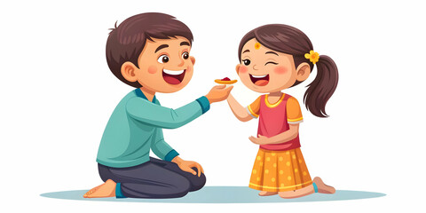 Joyful Tika Application: Candid Flat Vector Illustration of Sister Laughing While Applying Tika to Her Brother - Spontaneous Family Moments