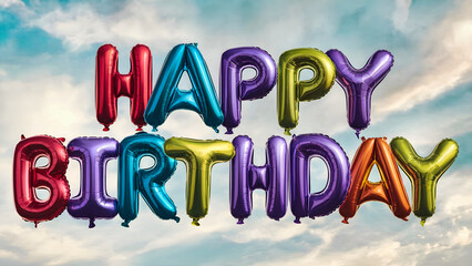 Naklejka premium Colorful Metallic Balloon Letters Spelling Happy Birthday Against Blue Sky