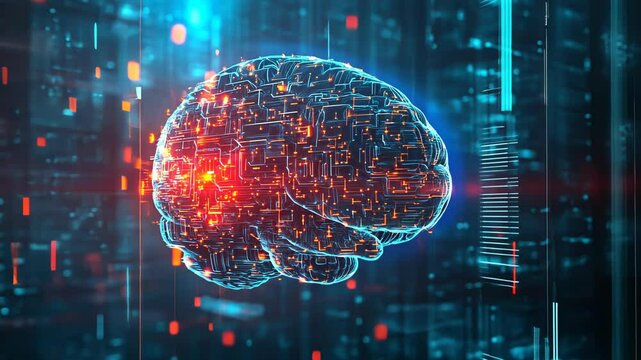 A digital rendering of a human brain, showcasing the complexity of neural networks, against a backdrop of binary code