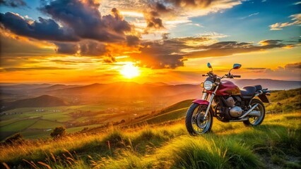 Obraz premium Scenic View of a Motorcycle on a Hilltop Overlooking a Breathtaking Landscape at Sunset