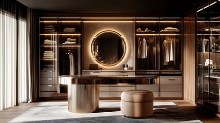 Fototapeta premium Modern, minimalist walk-in closet with vanity and large circular mirror.