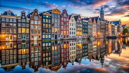 Fototapeta premium Scenic View of Damrak Canal with Historic Buildings and Reflections in Amsterdam, Netherlands
