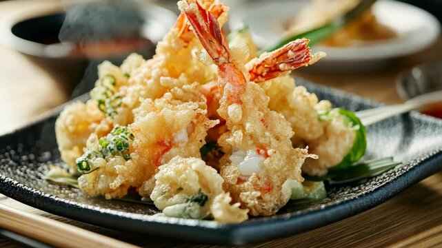 A plate of crispy shrimp tempura with green onions, served on a black plate