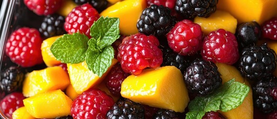 Obraz premium Vibrant Fresh Fruit Assortment with Berries, Mango, Pineapple & Mint in Clear Container