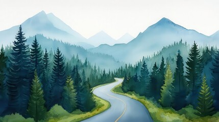 Watercolor A scenic winding road through lush green forests and majestic mountains, capturing the beauty of nature.