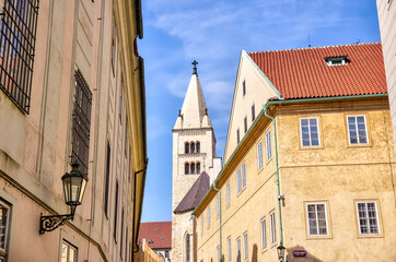 Fototapeta premium Prague, Czech Republic - July 16, 2024: Architectural details of buildings in and around the Prague Castle in the Czech Republic 