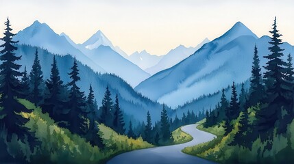 Watercolor A serene mountain landscape with winding road, lush greenery, and towering trees under a soft blue sky.