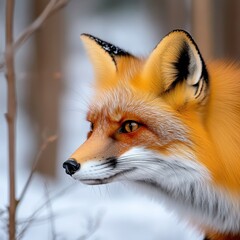 Fototapeta premium Red Fox Standing Alertly on Snowy Ground in Forest Habitat