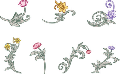Set vintage floral flower victorian baroque filigree scroll elegant engraved ornamental, Decorative botanical element vector illustration