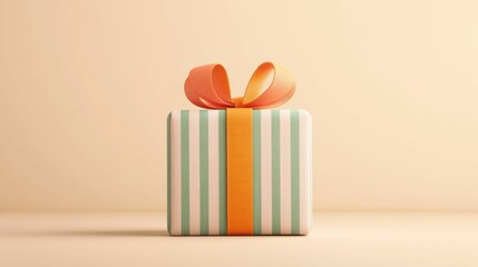 A single gift box with green and white stripes wrapped with an orange ribbon placed against a...