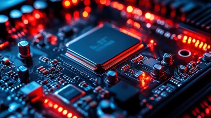 Obraz premium Closeup of a Computer Motherboard with a CPU in the Center