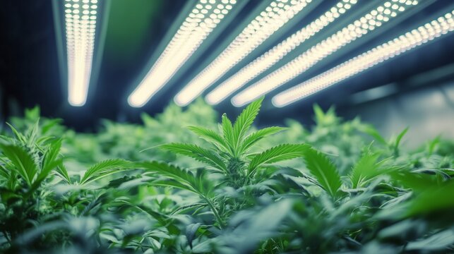 Cannabis plants growing under bright LED grow lights in a greenhouse setting
